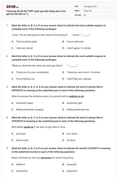Tổng hợp đề thi thử THPT quốc gia môn tiếng anh có lời giải chi tiết (Đề số 1)