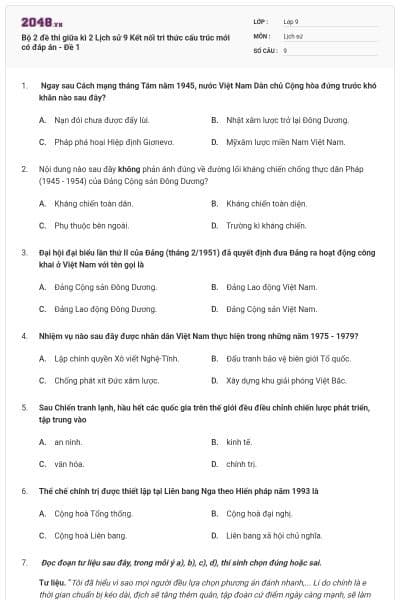 Bộ 2 đề thi giữa kì 2 Lịch sử 9 Kết nối tri thức cấu trúc mới có đáp án - Đề 1