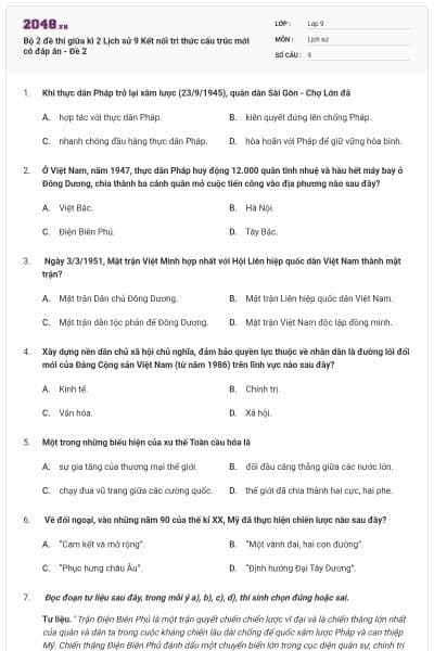 Bộ 2 đề thi giữa kì 2 Lịch sử 9 Kết nối tri thức cấu trúc mới có đáp án - Đề 2