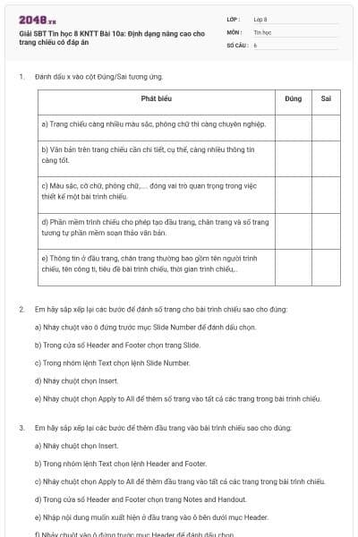 Giải SBT Tin học 8 KNTT Bài 10a: Định dạng nâng cao cho trang chiếu có đáp án