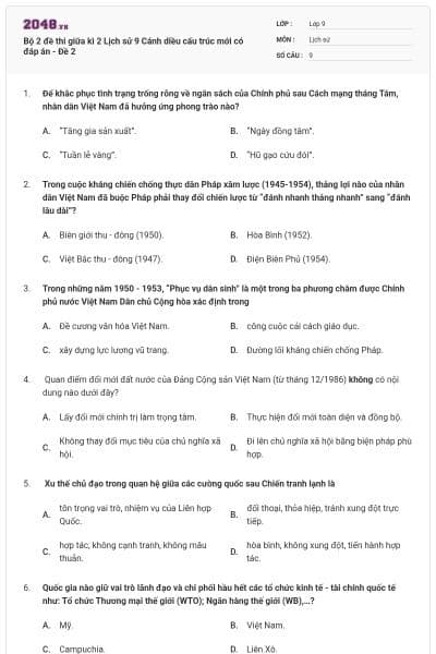 Bộ 2 đề thi giữa kì 2 Lịch sử 9 Cánh diều cấu trúc mới có đáp án - Đề 2