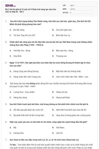 Bộ 2 đề thi giữa kì 2 Lịch sử 9 Chân trời sáng tạo cấu trúc mới có đáp án - Đề 2