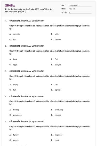 Kỳ thi thử thpt quốc gia lần 1 năm 2019 môn Tiếng Anh cực hay có lời giải(Đề 3)