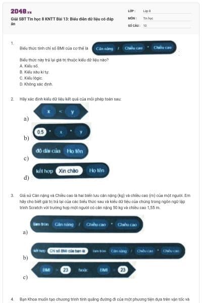 Giải SBT Tin học 8 KNTT Bài 13: Biểu diễn dữ liệu có đáp án
