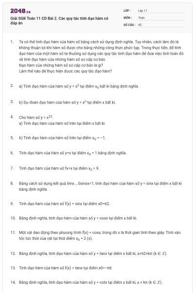 Giải SGK Toán 11 CD Bài 2. Các quy tắc tính đạo hàm có đáp án