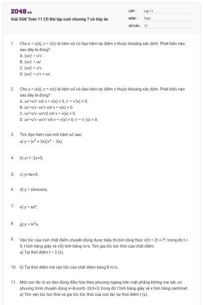Giải SGK Toán 11 CD Bài tập cuối chương 7 có đáp án