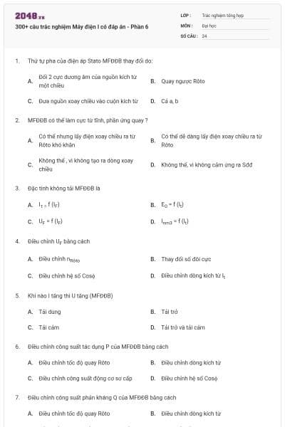 300+ câu trắc nghiệm Máy điện I có đáp án - Phần 6