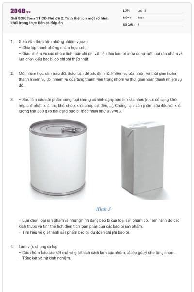 Giải SGK Toán 11 CD Chủ đề 2: Tính thể tích một số hình khối trong thực tiễn có đáp án