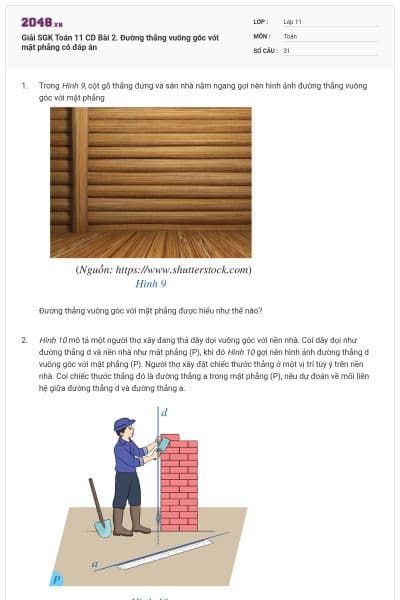 Giải SGK Toán 11 CD Bài 2. Đường thẳng vuông góc với mặt phẳng có đáp án