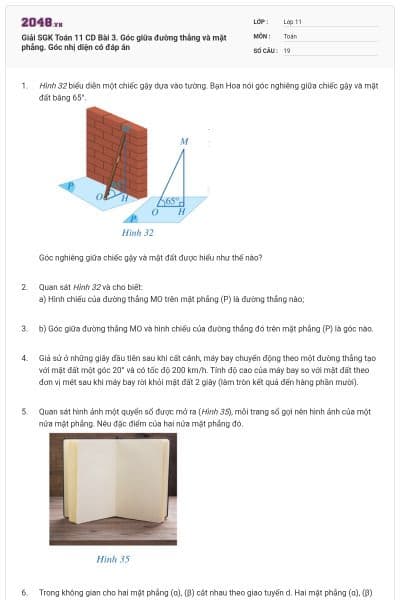 Giải SGK Toán 11 CD Bài 3. Góc giữa đường thẳng và mặt phẳng. Góc nhị diện có đáp án