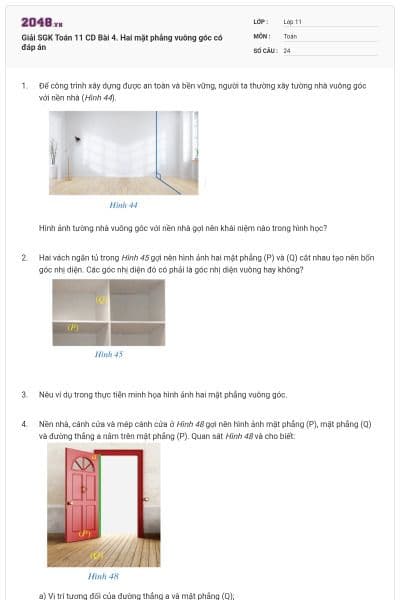 Giải SGK Toán 11 CD Bài 4. Hai mặt phẳng vuông góc có đáp án