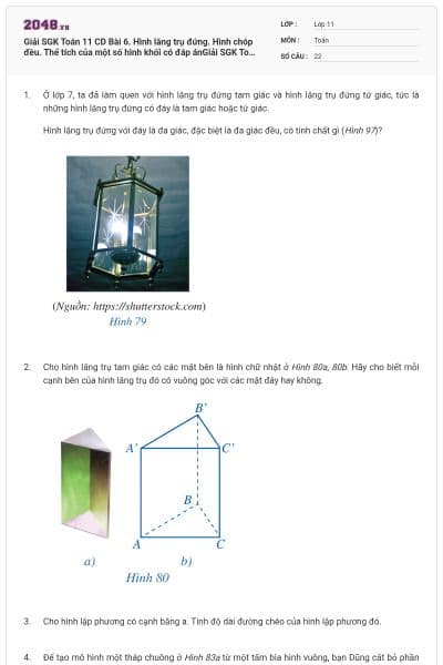 Giải SGK Toán 11 CD Bài 6. Hình lăng trụ đứng. Hình chóp đều. Thể tích của một số hình khối có đáp ánGiải SGK Toán 11 CD Bài 6. Hình lăng trụ đứng. Hình chóp đều. Thể tích của một số hình khối có đáp án
