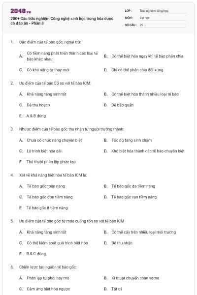 200+ Câu trắc nghiệm Công nghệ sinh học trong hóa dược có đáp án - Phần 8