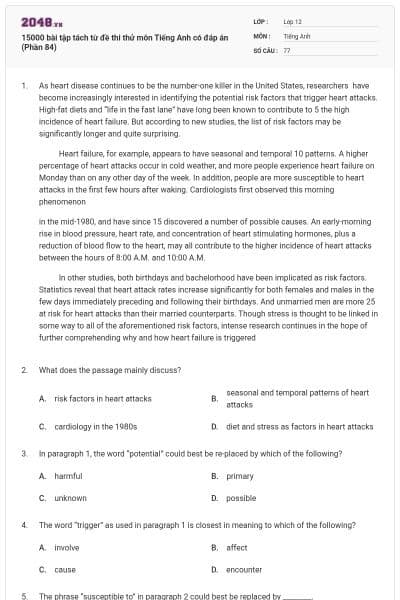 15000 bài tập tách từ đề thi thử môn Tiếng Anh có đáp án (Phần 84)