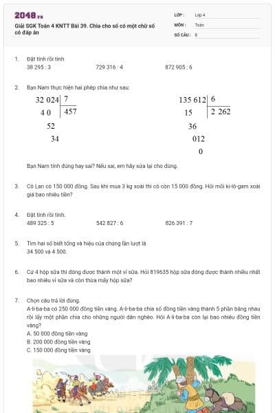 Giải SGK Toán 4 KNTT Bài 39. Chia cho số có một chữ số có đáp án