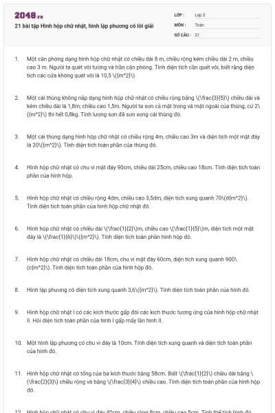 21 bài tập Hình hộp chữ nhật, hình lập phương có lời giải
