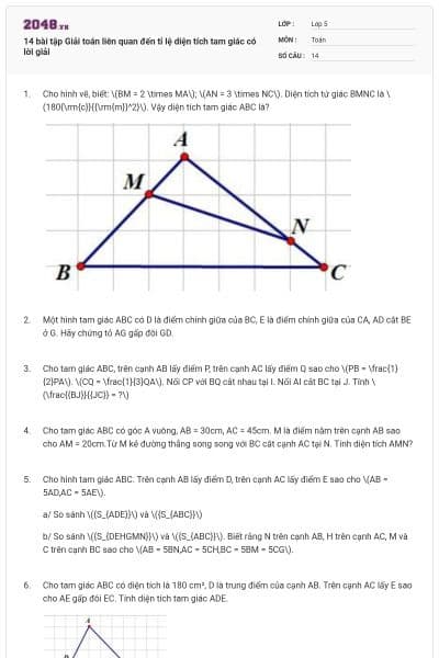 14 bài tập Giải toán liên quan đến tỉ lệ diện tích tam giác có lời giải