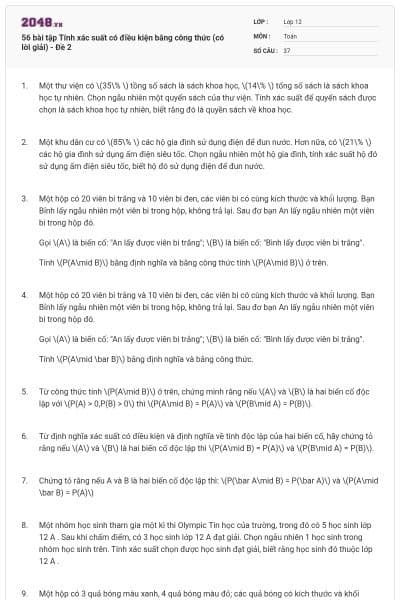 56 bài tập Tính xác suất có điều kiện bằng công thức (có lời giải) - Đề 2