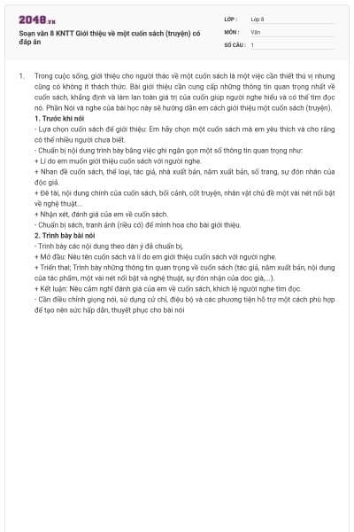 Soạn văn 8 KNTT Giới thiệu về một cuốn sách (truyện) có đáp án