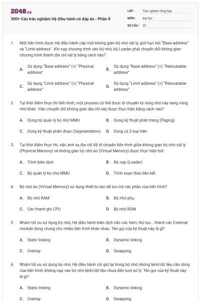 300+ Câu trắc nghiệm Hệ điều hành có đáp án - Phần 8