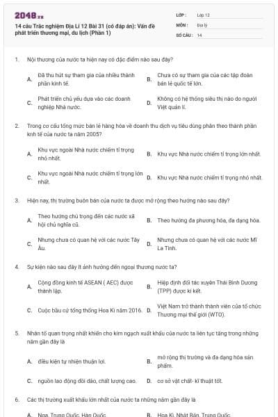 14 câu Trắc nghiệm Địa Lí 12 Bài 31 (có đáp án): Vấn đề phát triển thương mại, du lịch (Phần 1)