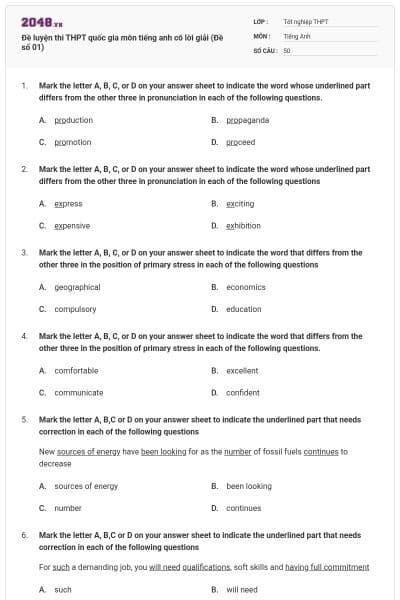Đề luyện thi THPT quốc gia môn tiếng anh có lời giải (Đề số 01)