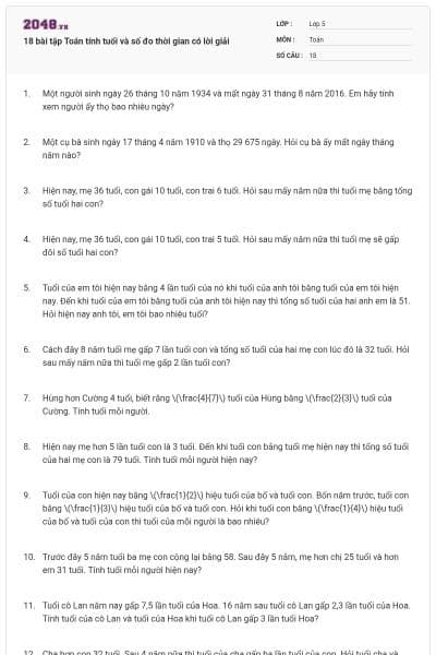 18 bài tập Toán tính tuổi và số đo thời gian có lời giải