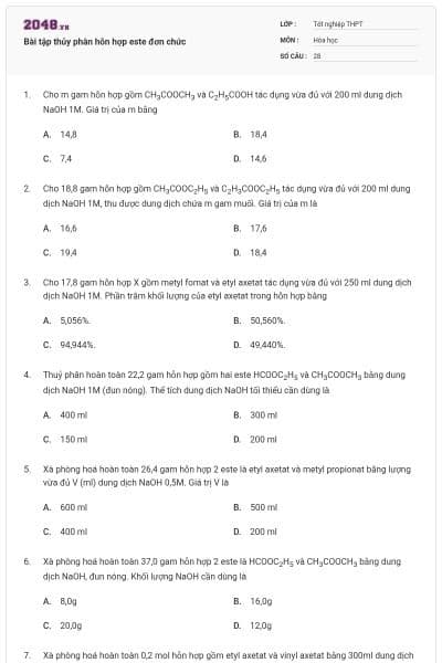 Bài tập thủy phân hỗn hợp este đơn chức