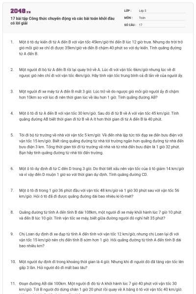 17 bài tập Công thức chuyển động và các bài toán khởi đầu có lời giải