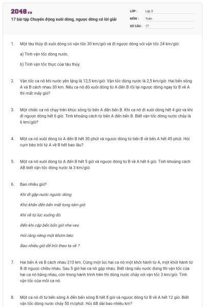 17 bài tập Chuyển động xuôi dòng, ngược dòng có lời giải