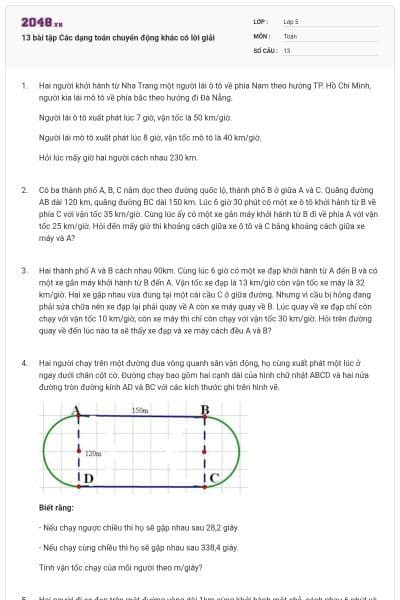 13 bài tập Các dạng toán chuyển động khác có lời giải