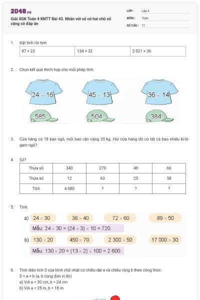 Giải SGK Toán 4 KNTT Bài 43. Nhân với số có hai chữ số cộng có đáp án
