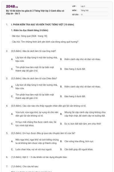 Bộ 10 Đề kiểm tra giữa kì 2 Tiếng Việt lớp 3 Cánh diều có đáp án - Đề 5