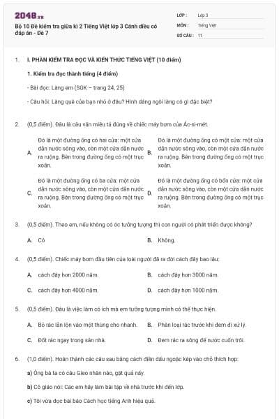 Bộ 10 Đề kiểm tra giữa kì 2 Tiếng Việt lớp 3 Cánh diều có đáp án - Đề 7