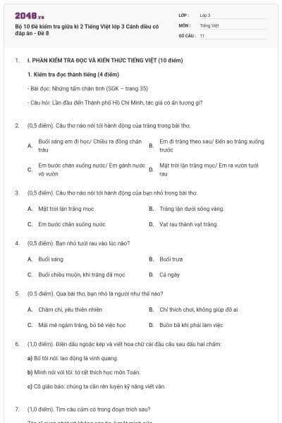 Bộ 10 Đề kiểm tra giữa kì 2 Tiếng Việt lớp 3 Cánh diều có đáp án - Đề 8