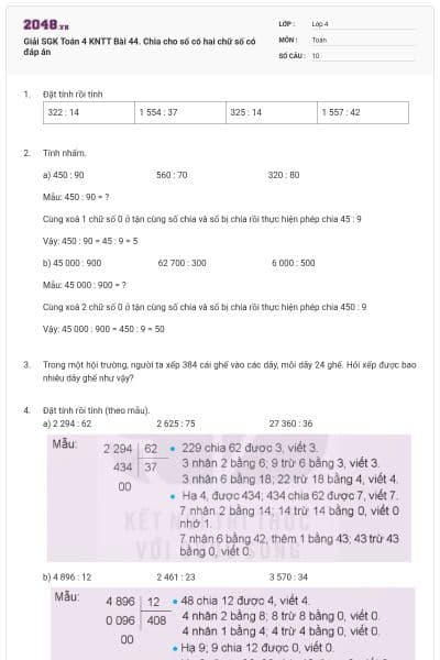 Giải SGK Toán 4 KNTT Bài 44. Chia cho số có hai chữ số có đáp án
