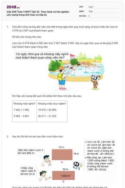 Giải SGK Toán 4 KNTT Bài 45. Thực hành và trải nghiệm ước lượng trong tính toán có đáp án