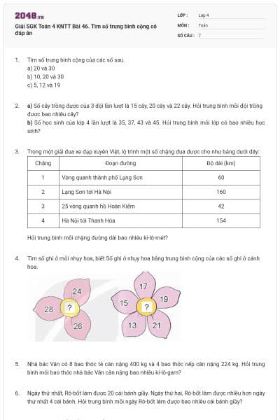Giải SGK Toán 4 KNTT Bài 46. Tìm số trung bình cộng có đáp án