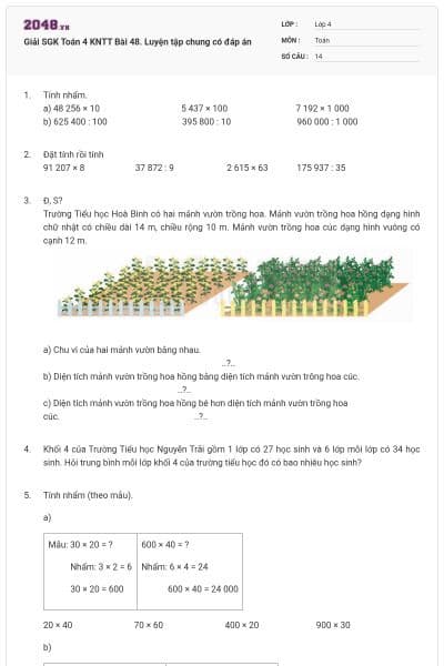 Giải SGK Toán 4 KNTT Bài 48. Luyện tập chung có đáp án