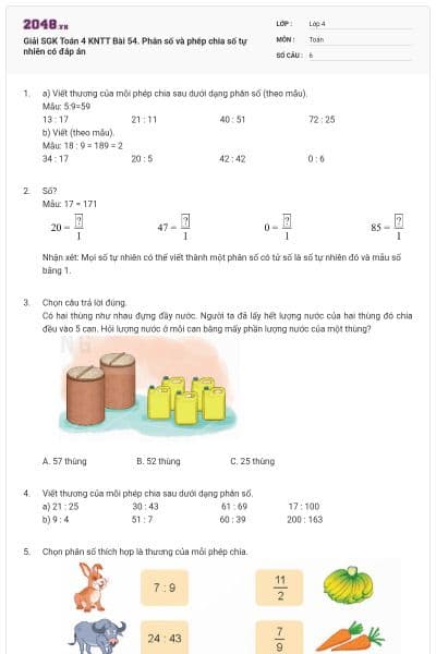 Giải SGK Toán 4 KNTT Bài 54. Phân số và phép chia số tự nhiên có đáp án