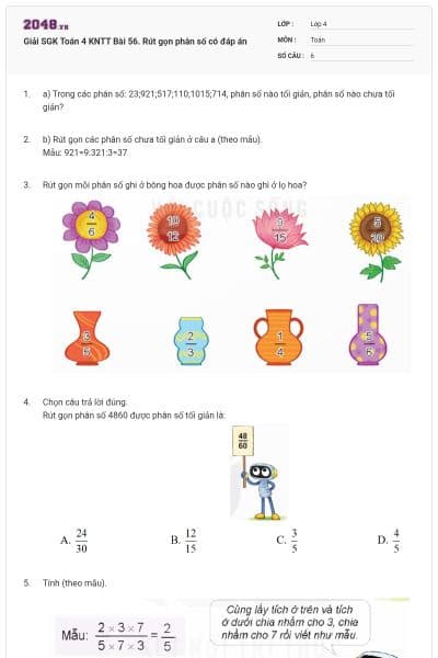 Giải SGK Toán 4 KNTT Bài 56. Rút gọn phân số có đáp án