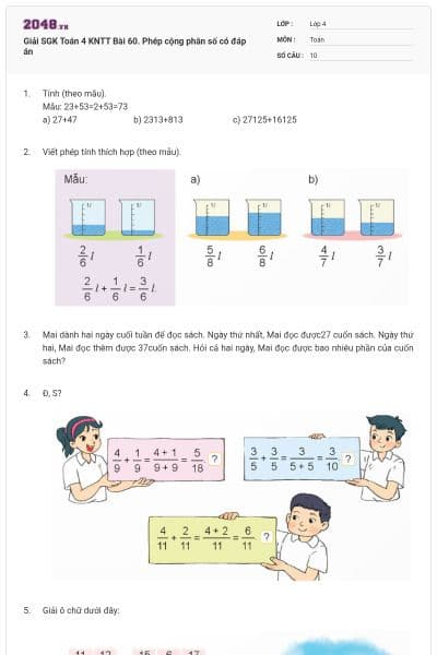 Giải SGK Toán 4 KNTT Bài 60. Phép cộng phân số có đáp án