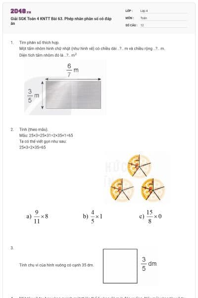 Giải SGK Toán 4 KNTT Bài 63. Phép nhân phân số có đáp án