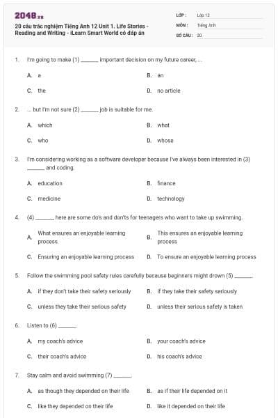 20 câu trắc nghiệm Tiếng Anh 12 Unit 1. Life Stories - Reading and Writing - iLearn Smart World có đáp án