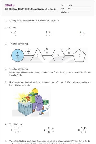 Giải SGK Toán 4 KNTT Bài 64. Phép chia phân số có đáp án