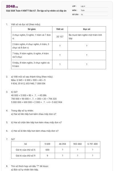 Giải SGK Toán 4 KNTT Bài 67. Ôn tập số tự nhiên có đáp án