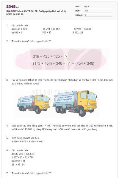 Giải SGK Toán 4 KNTT Bài 68. Ôn tập phép tính với số tự nhiên có đáp án