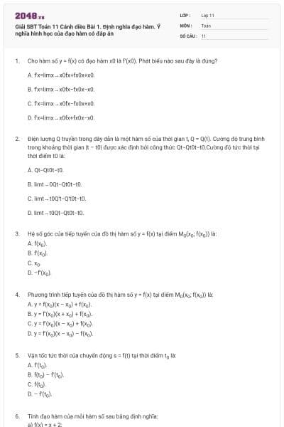 Giải SBT Toán 11 Cánh diều Bài 1. Định nghĩa đạo hàm. Ý nghĩa hình học của đạo hàm có đáp án