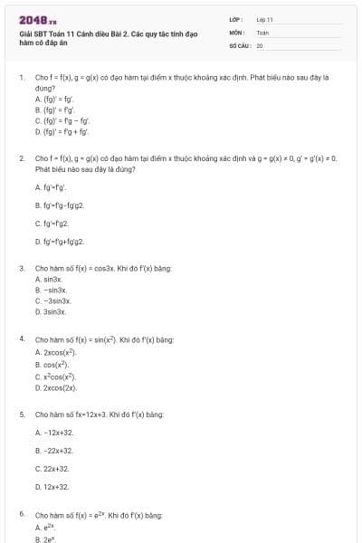 Giải SBT Toán 11 Cánh diều Bài 2. Các quy tắc tính đạo hàm có đáp án