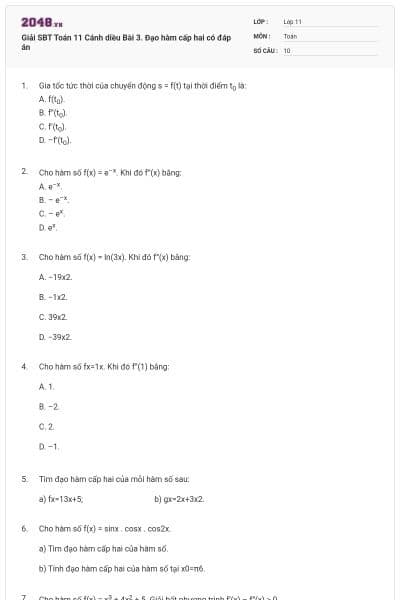 Giải SBT Toán 11 Cánh diều Bài 3. Đạo hàm cấp hai có đáp án
